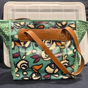 Fossil Teal Floral Canvas Tote with Brown Leather Trim